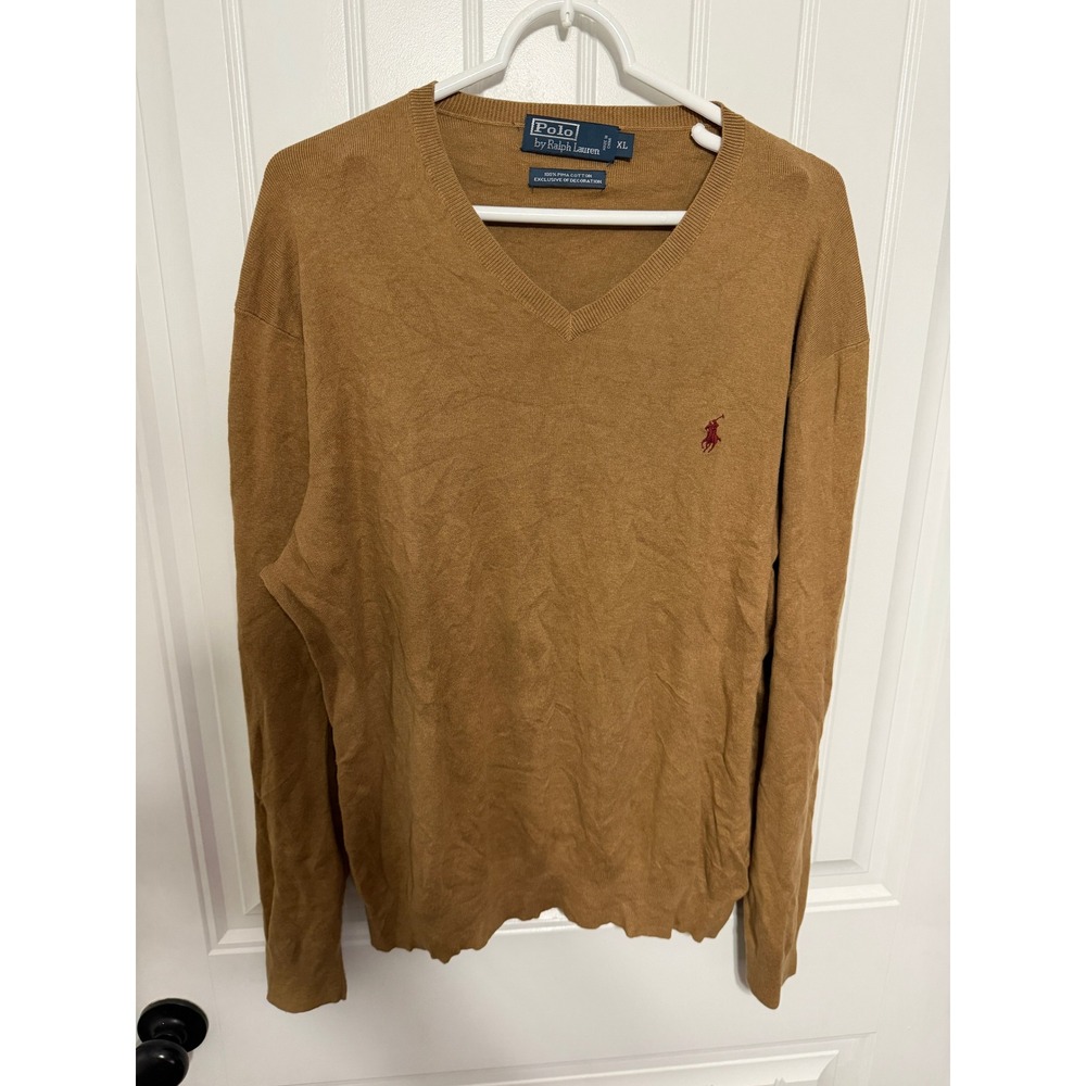 Polo Ralph Lauren Sweater Mens XL V-Neck Pima Cotton Tan Solid EUC